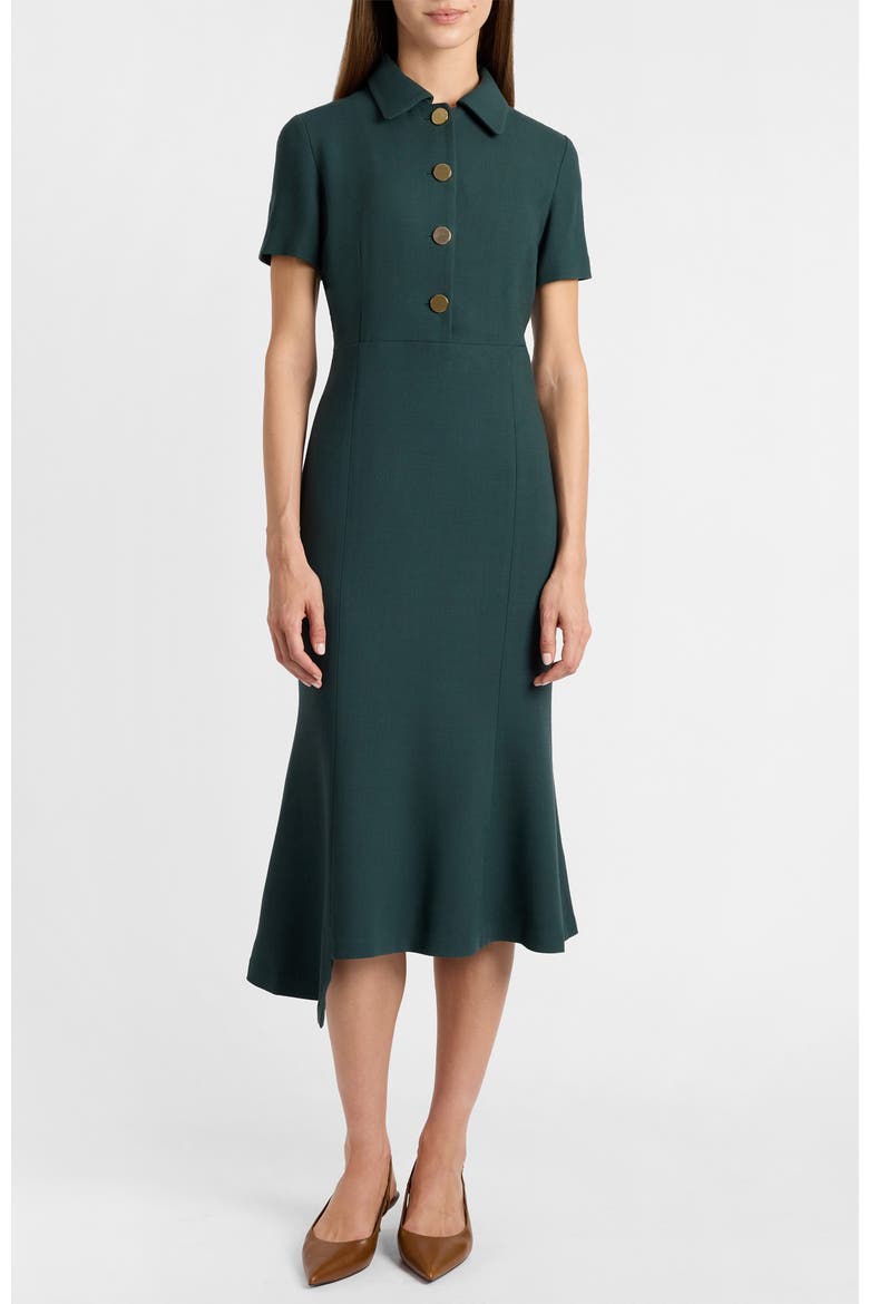 Sahara Short Sleeve Asymmetric Midi Twill Dress, Main, color, Evergreen