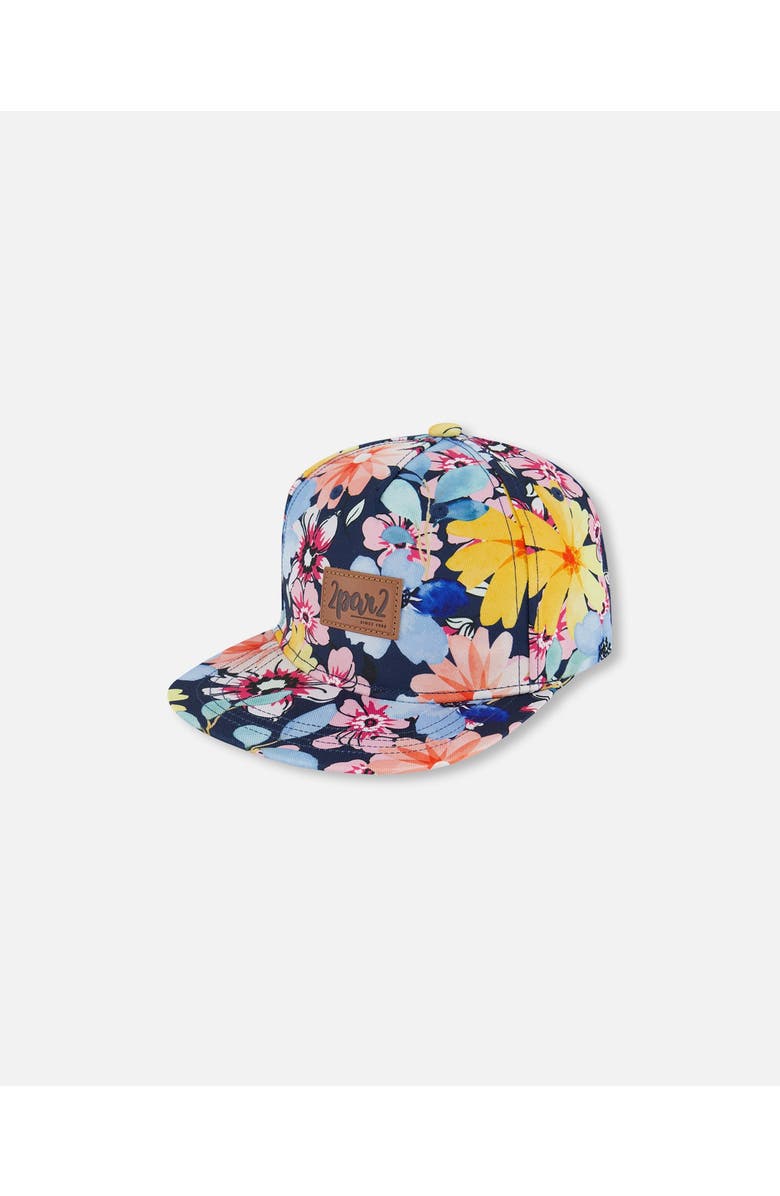 Deux par Deux Baby Girl's Printed Cap Navy And Yellow And Pink Flowers, Main, color, Navy Yellow And Pink Flowers