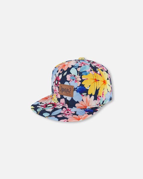 Baby Girl's Printed Cap Navy And Yellow And Pink Flowers