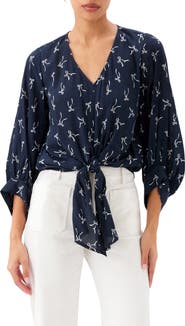 Karen Kane Bow Print Tie Front Crepe Top