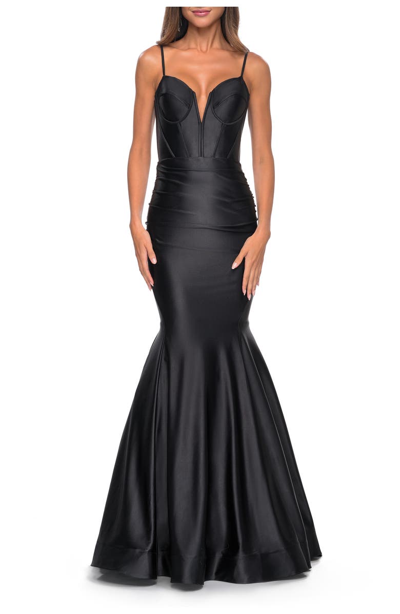 La Femme Satin Mermaid Prom Gown with Corset Top, Main, color, Black