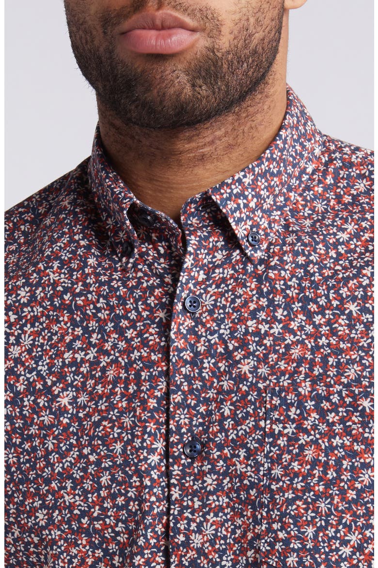 Trim Fit Floral Short Sleeve Stretch Cotton & Linen Button-Down Shirt, Alternate, color, NAVY- RED FLORAL CONTRAST