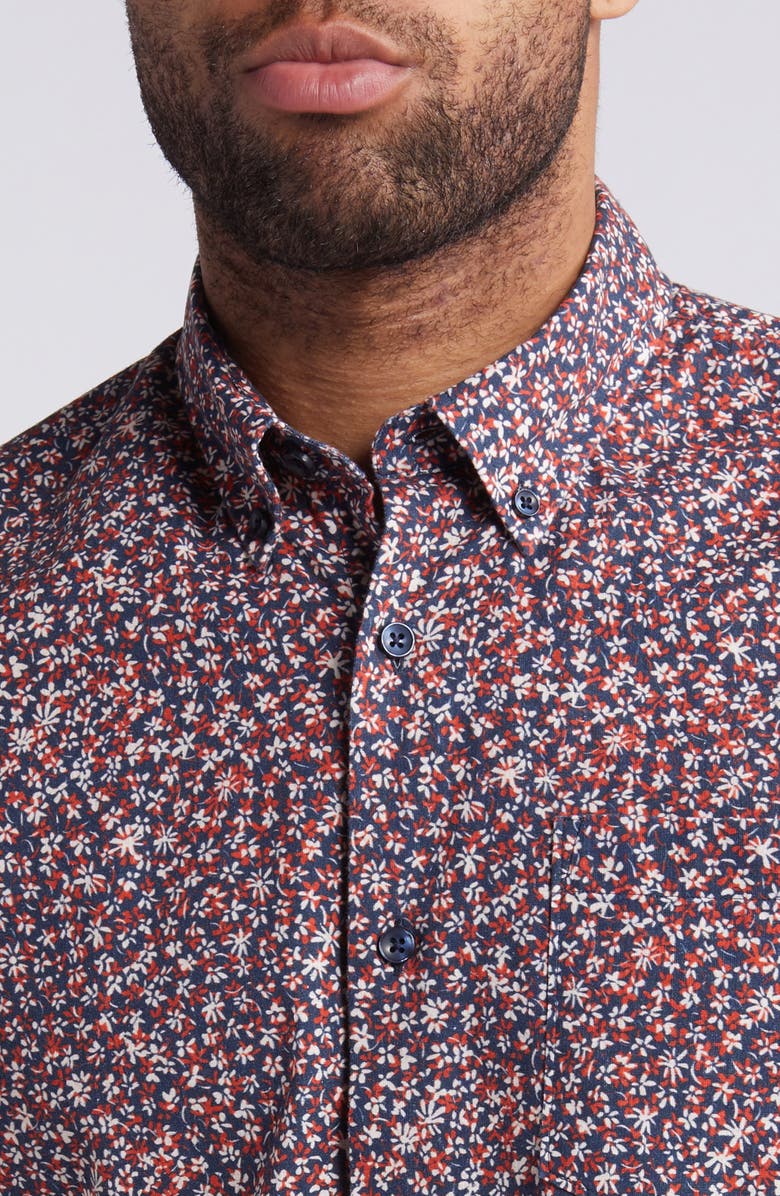 Nordstrom Trim Fit Floral Short Sleeve Stretch Cotton & Linen Button-Down Shirt, Alternate, color, Navy- Red Floral Contrast