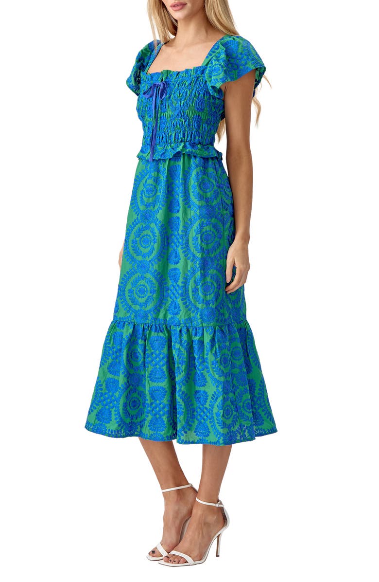Adelyn Rae Selene Embroidered Smocked Cotton Midi Dress, Alternate, color, 