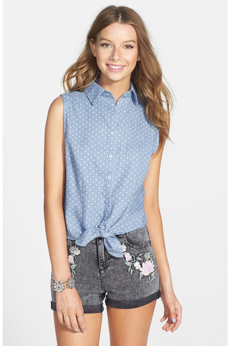 Polka Dot Sleeveless Tie Waist Shirt, Main, color, BLUE