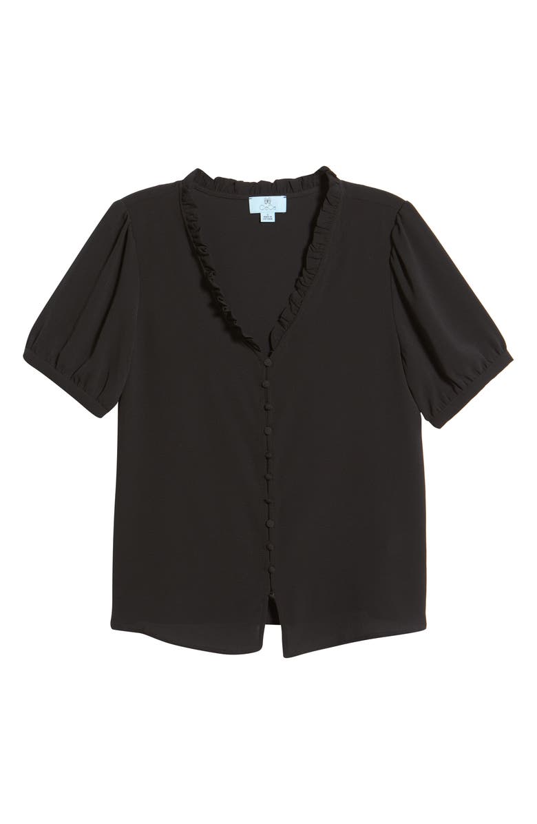 CeCe Frill V-Neck Button-Up Blouse, Alternate, color, 