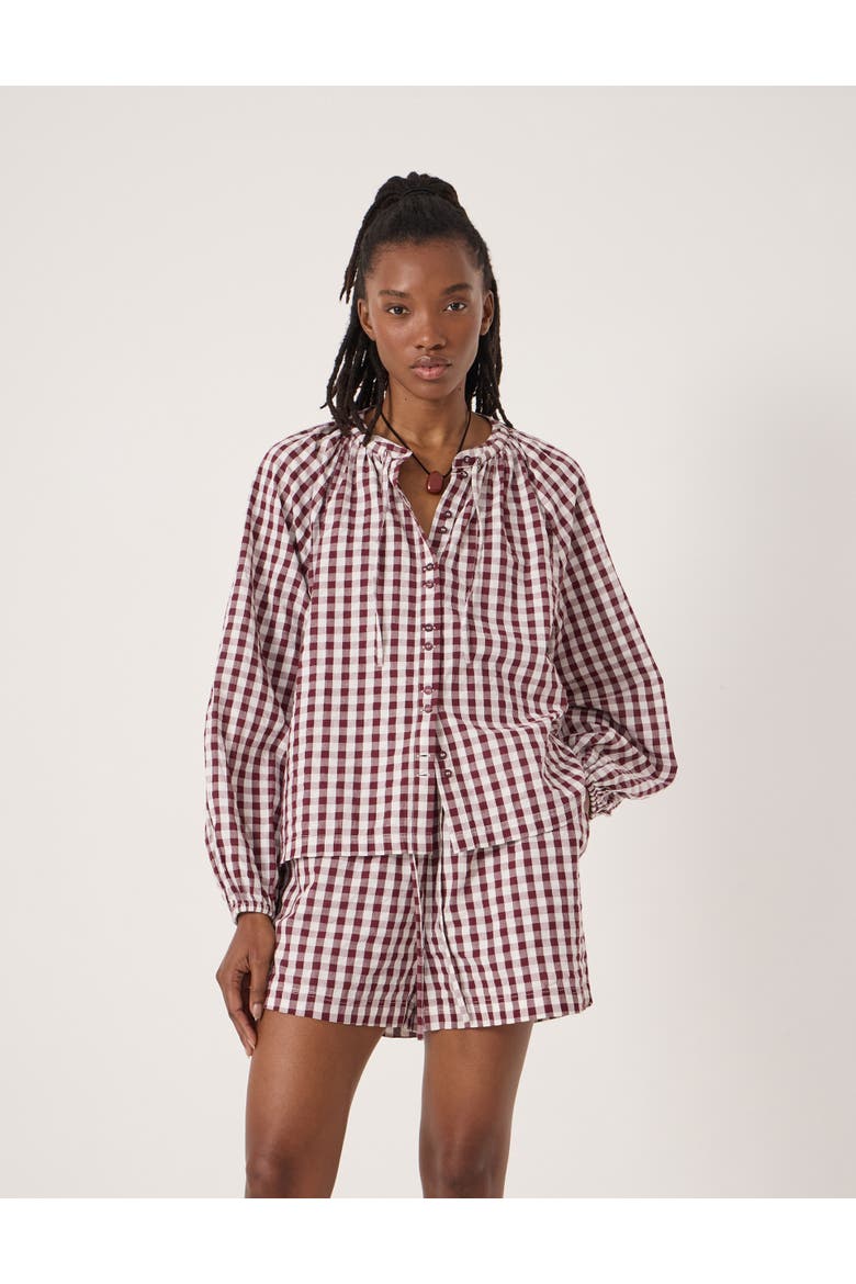 Elsa Gathered Gingham Beach Shirt, Main, color, Maroon Red & White
