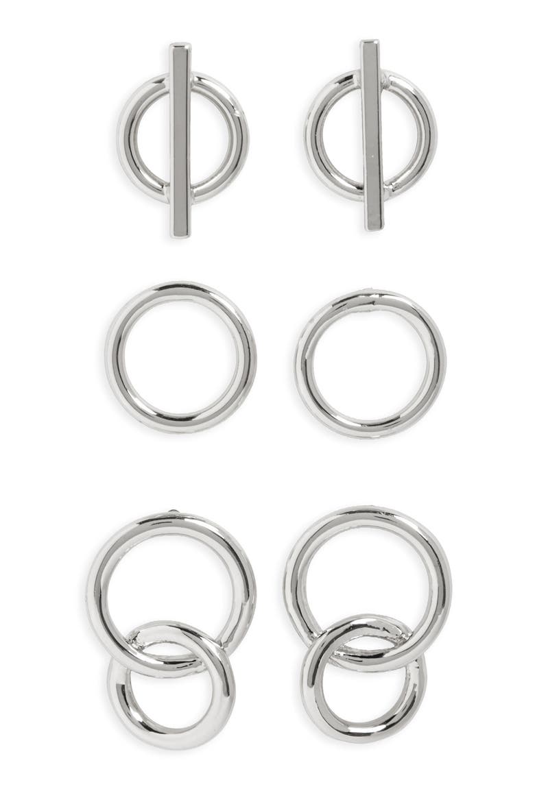 Set of 3 Stud Earrings, Main, color, RHODIUM