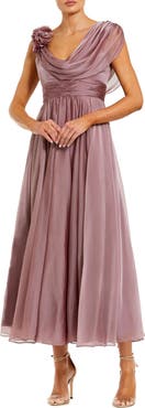 Mac Duggal Chiffon Cowl Neck 3D Flower Midi Dress