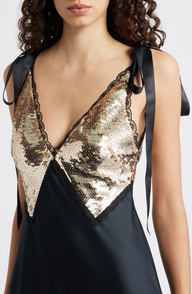 LoveShackFancy Talissa Sequin Sleeveless Satin Maxi Dress, Alternate, color, Black