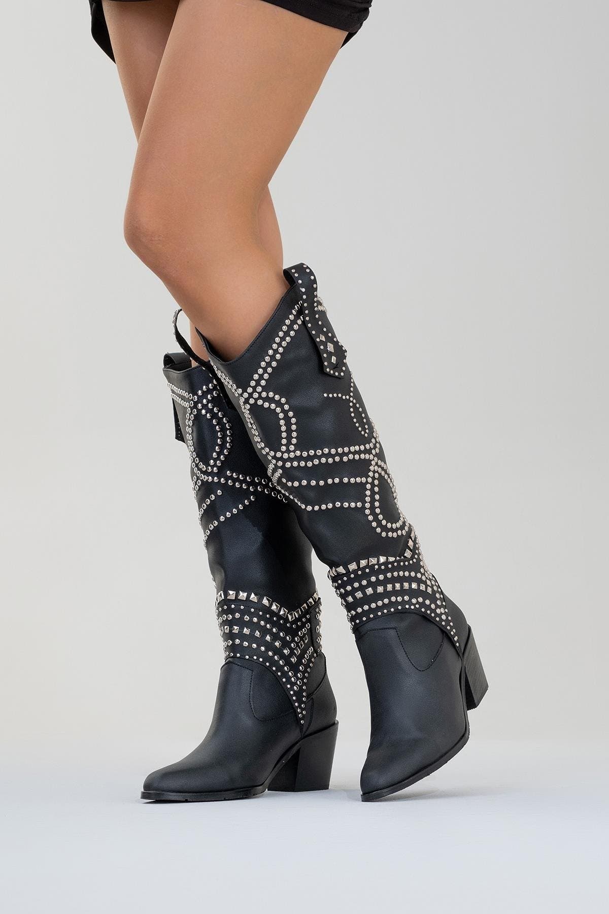 Prologue Shoes Draga Studded Block Heel Knee High Boot, Alternate, color, 