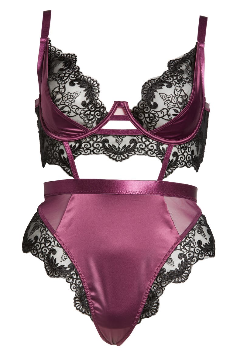 Cadence Strappy Eyelash Lace & Satin Underwire Teddy, Alternate, color, ITALIAN PLUM/ BLACK
