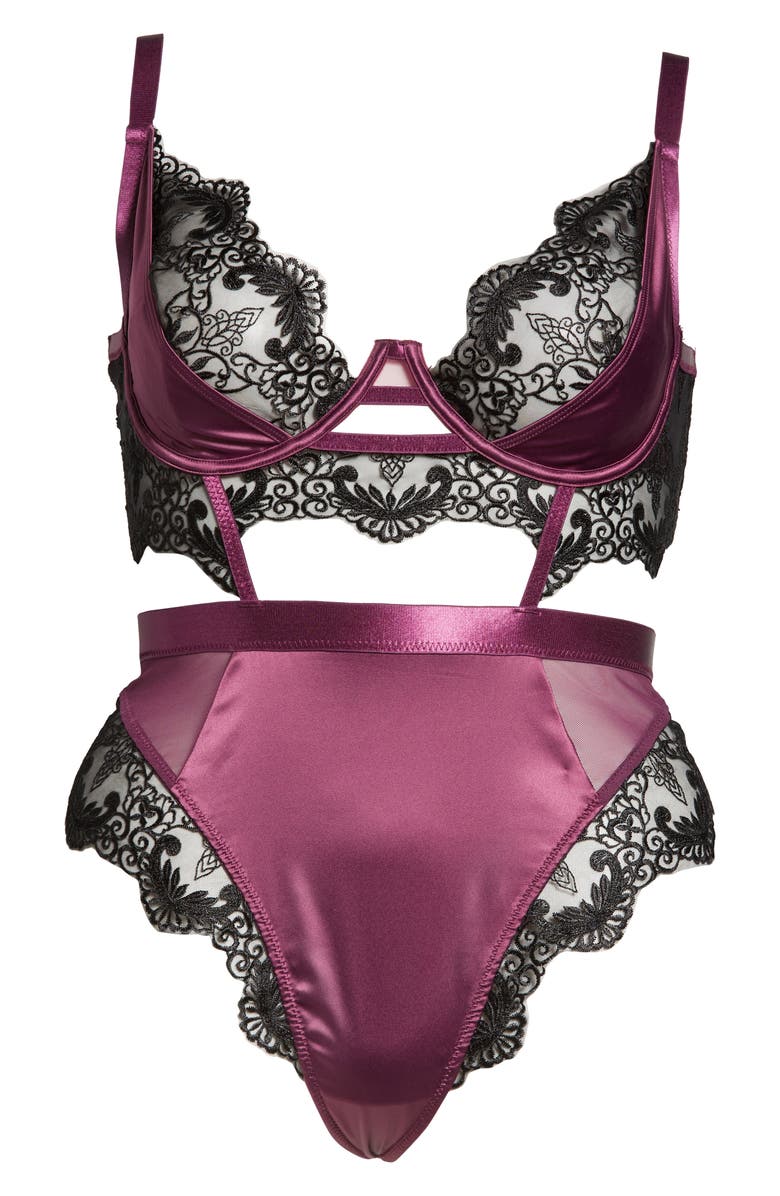 Oh La La Cheri Cadence Strappy Eyelash Lace & Satin Underwire Teddy, Alternate, color, Italian Plum/ Black