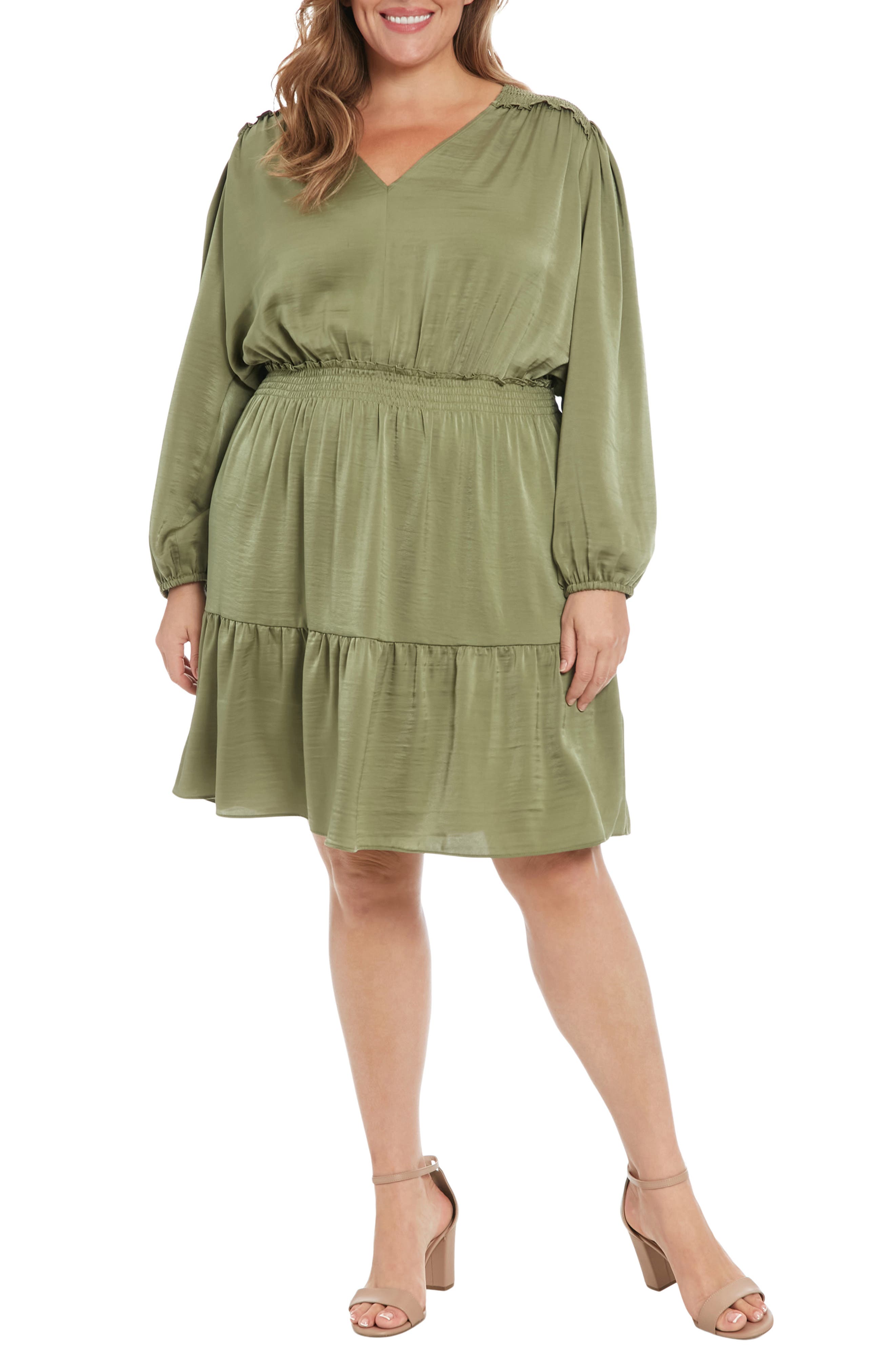 London Times Air Wash Smock Waist Long Sleeve Dress