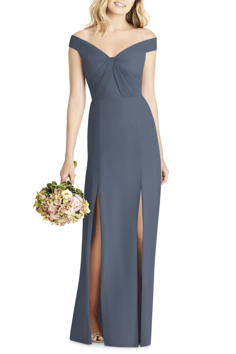Off the Shoulder Chiffon A-Line Gown, Main, color, SILVERSTONE