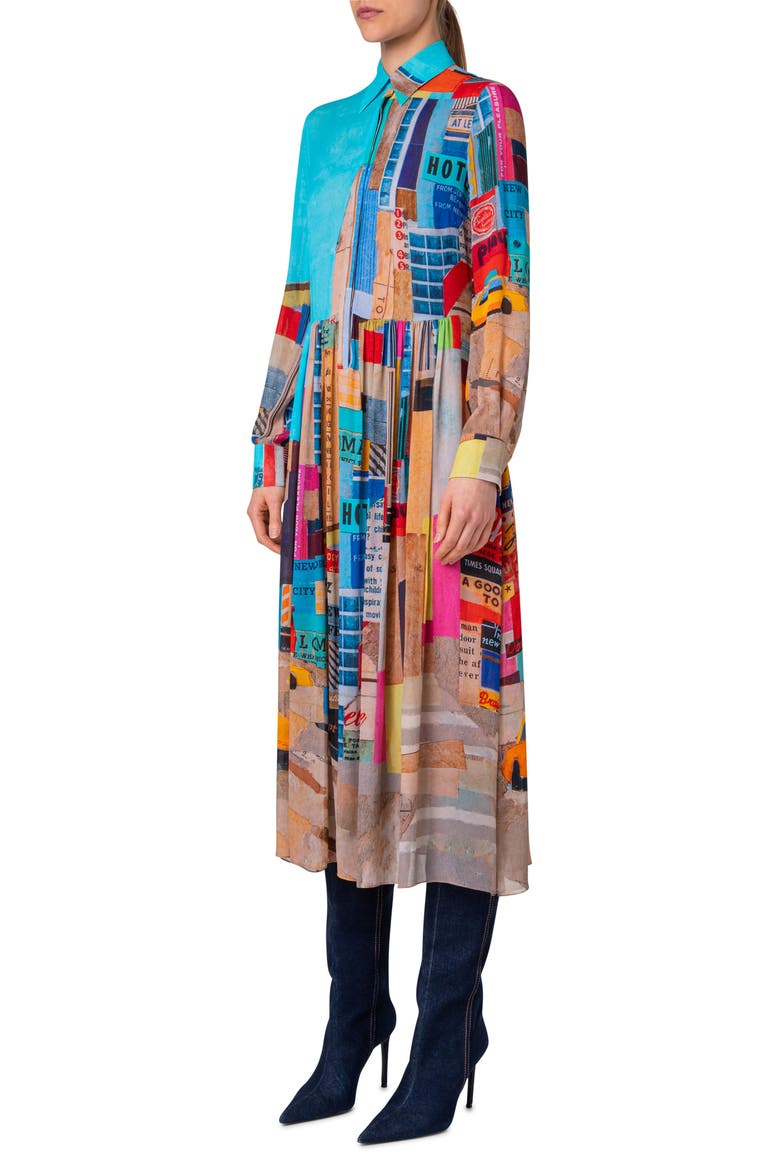 NYC Paper Collage Print Long Sleeve Georgette Midi Shirtdress, Alternate, color, BLUE MULTICOLOR