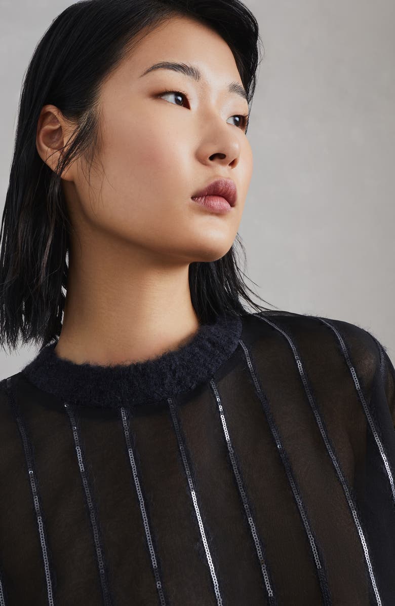 Brunello Cucinelli Crispy silk T-shirt with dazzling alpaca stripes, Alternate, color, 