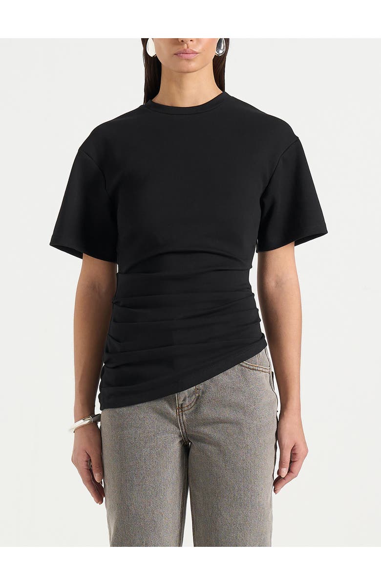 Manière De Voir Pauline Ruched Asymmetric Cotton T-Shirt, Main, color, Black