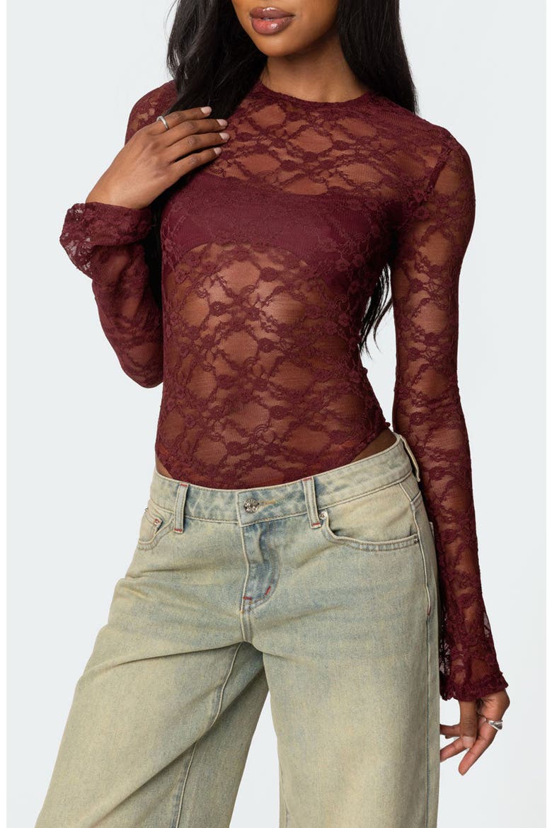 Colette Sheer Lace Bodysuit, Main, color, BURGUNDY
