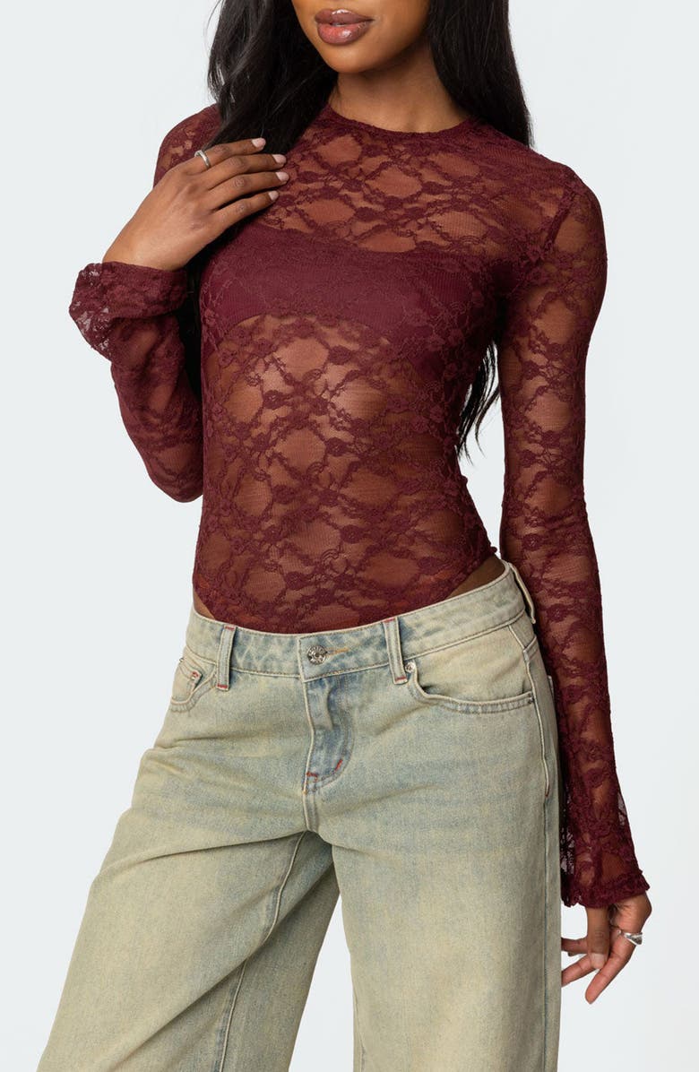 EDIKTED Colette Sheer Lace Bodysuit, Main, color, Burgundy