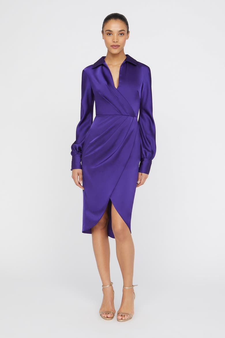 Steph Shirt Wrap Button Down Satin Dress, Main, color, Empress Violet
