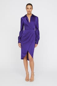 Theia Steph Shirt Wrap Button Down Satin Dress