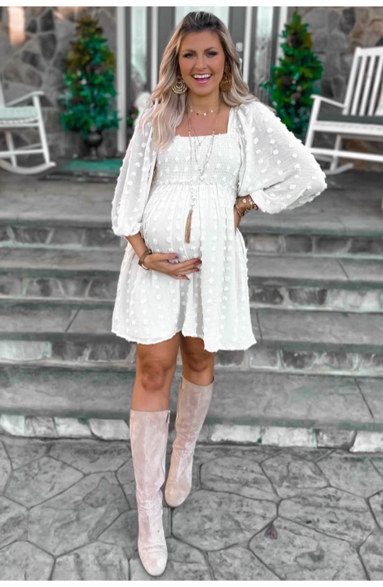 PinkBlush Textured Dot Smocked Square Neck Chiffon Dress, Alternate, color, Beige