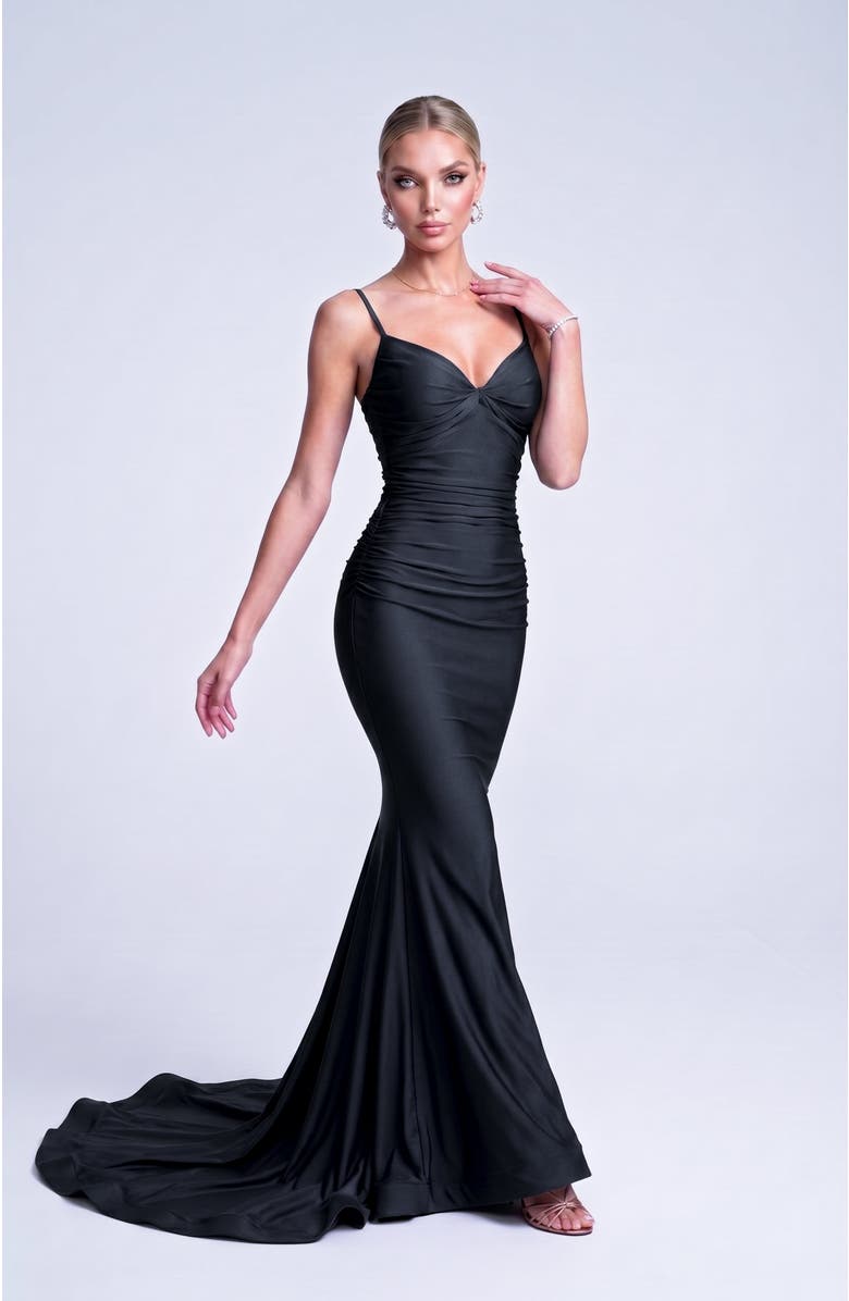Jessica Angel Ruched Lace-Up Open Back Mermaid Gown, Alternate, color, Black
