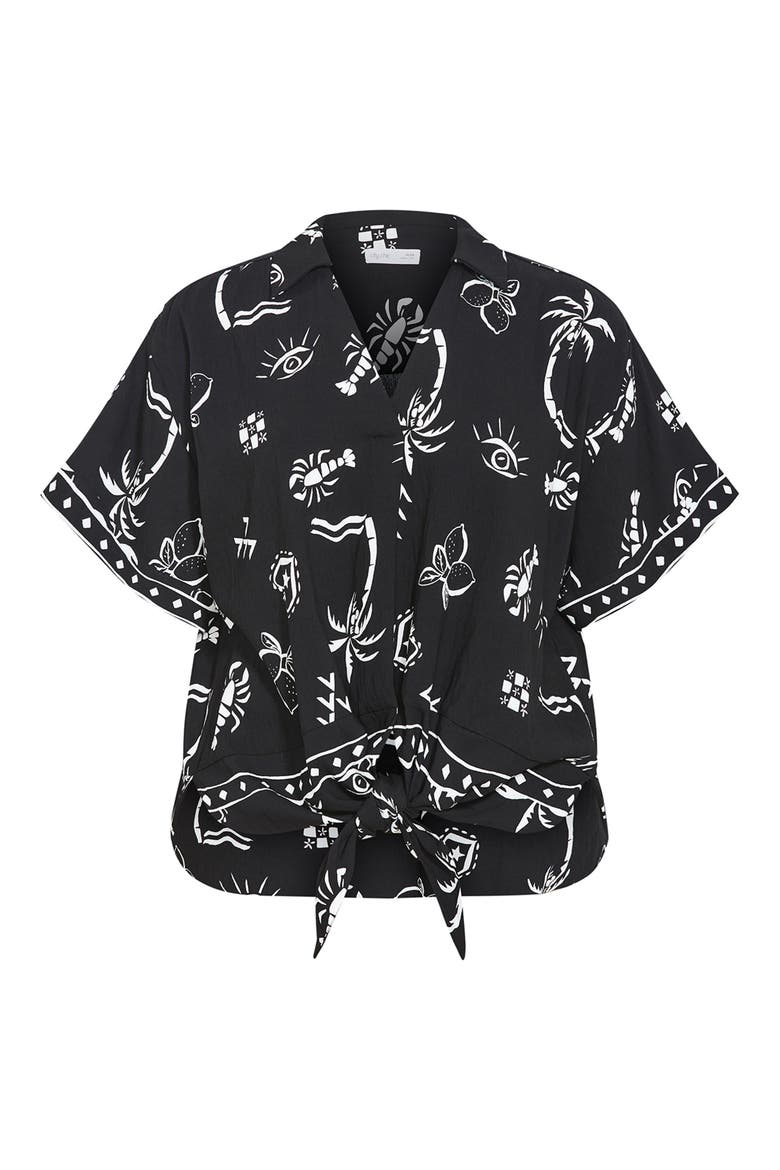 Resort Print Tie Front Top, Alternate, color, BLACK AND WHITE