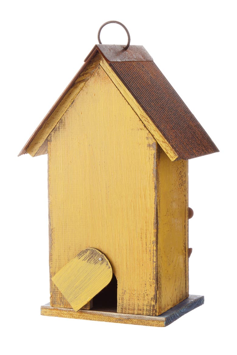 10"H Multicolor Cute Distressed Solid Wood Birdhouse with 3D Flowers, Alternate, color, Yellow