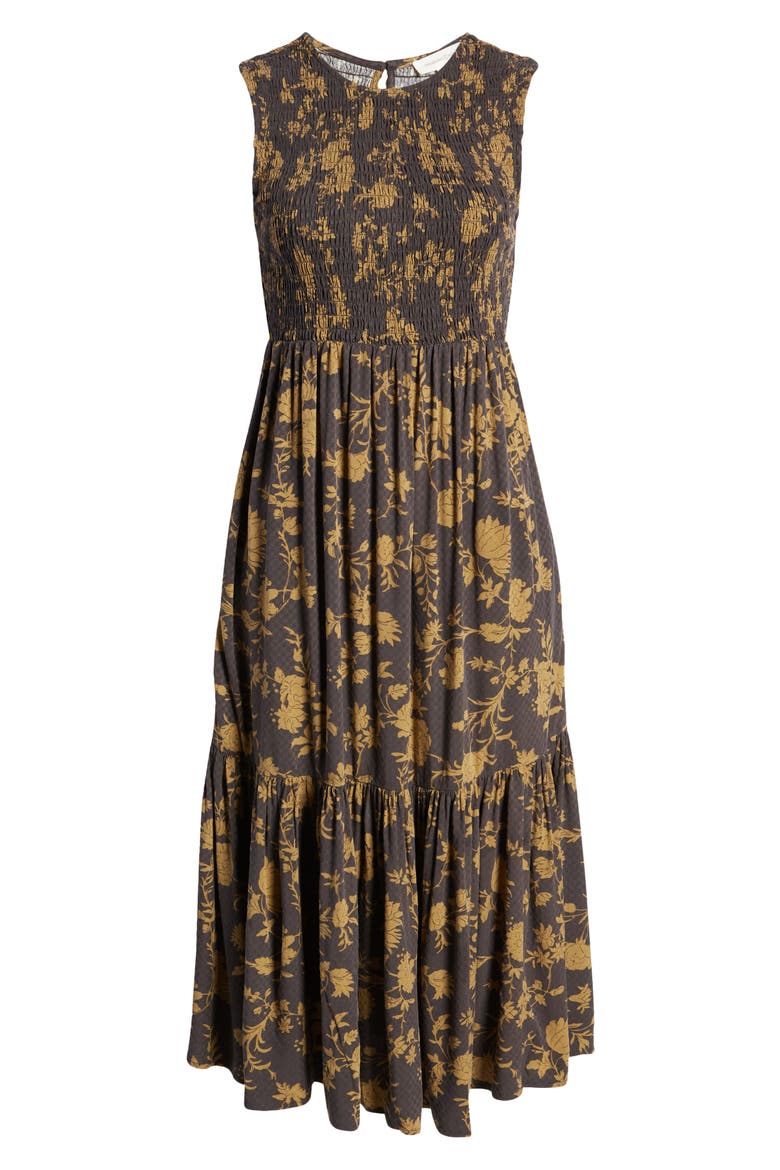 Smocked Sleeveless Midi Dress, Alternate, color, BROWN LATTE VINTAGE FLORAL