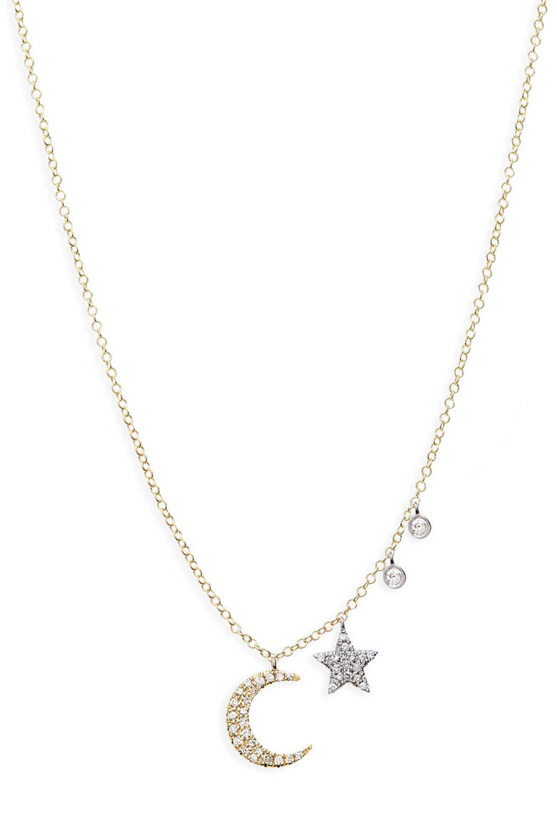 Moon & Star Diamond Pavé Charm Necklace, Main, color, D.19 14KYG