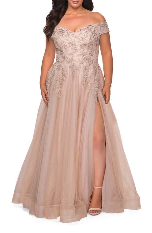 La Femme Plus Size Off-the-shoulder Lace-bodice A-line Gown In Champagne