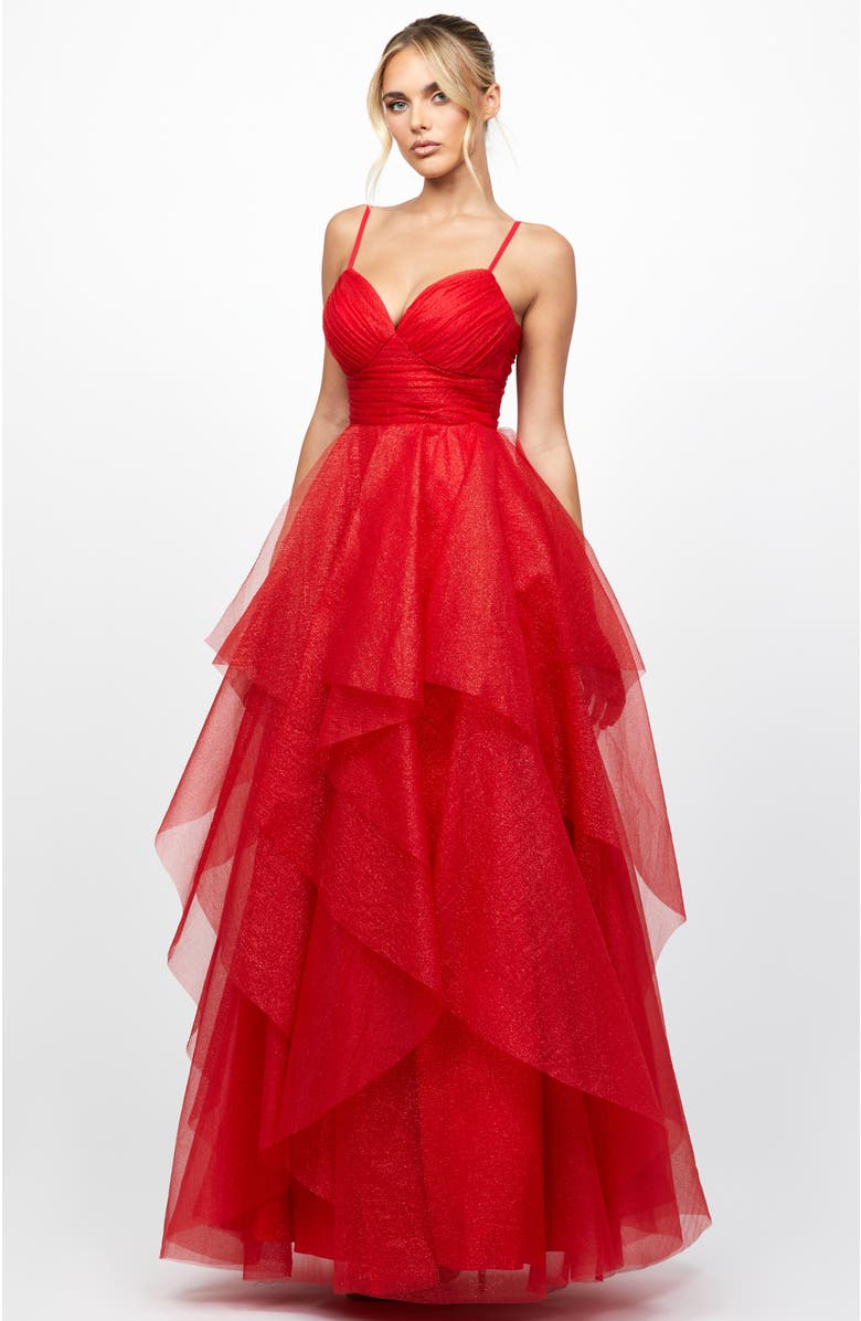 Bariano Solenne Tiered Ball Gown, Alternate, color, Red