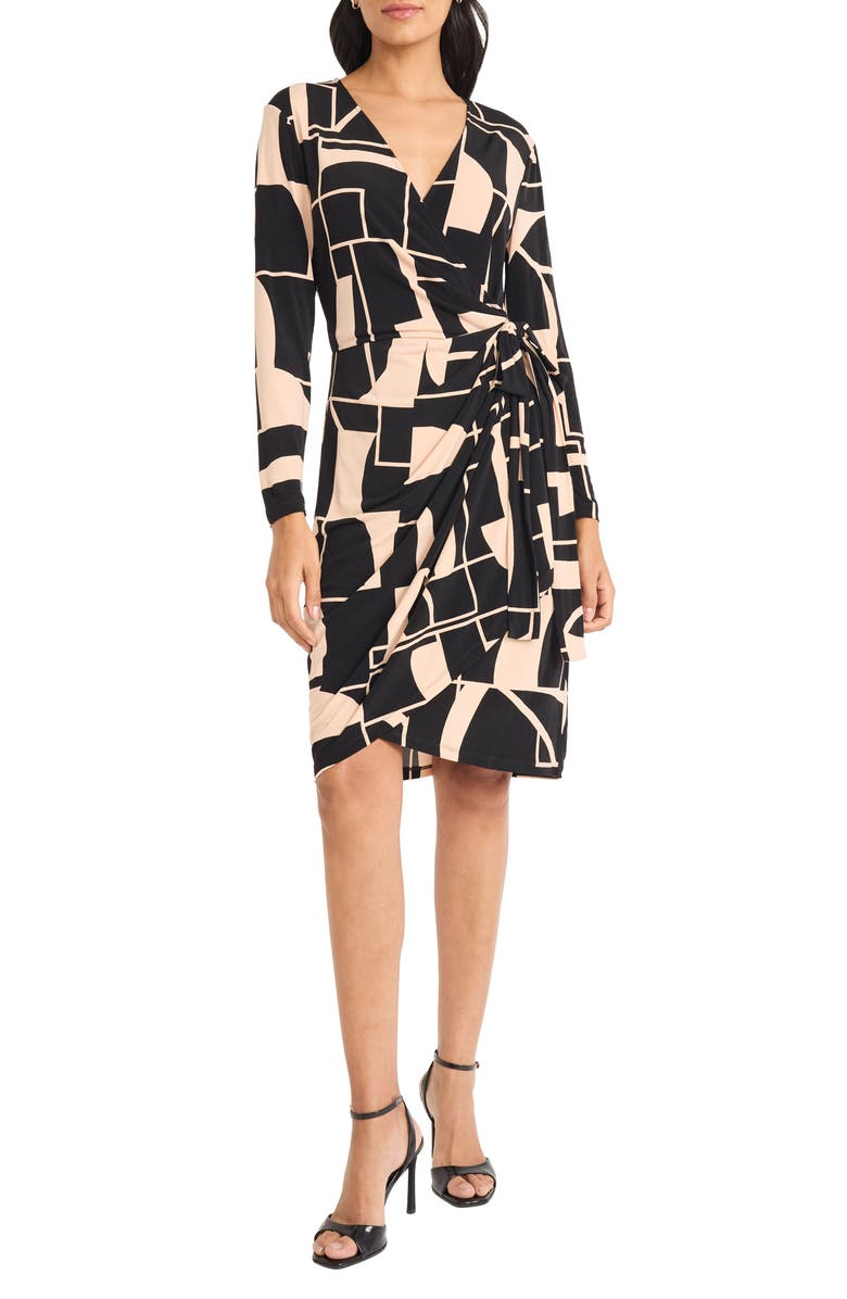 Maggy London Geometric Print Long Sleeve Wrap Dress, Main, color, Black/ Tan