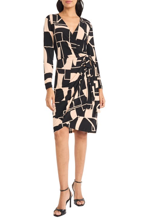 Geometric Print Long Sleeve Wrap Dress