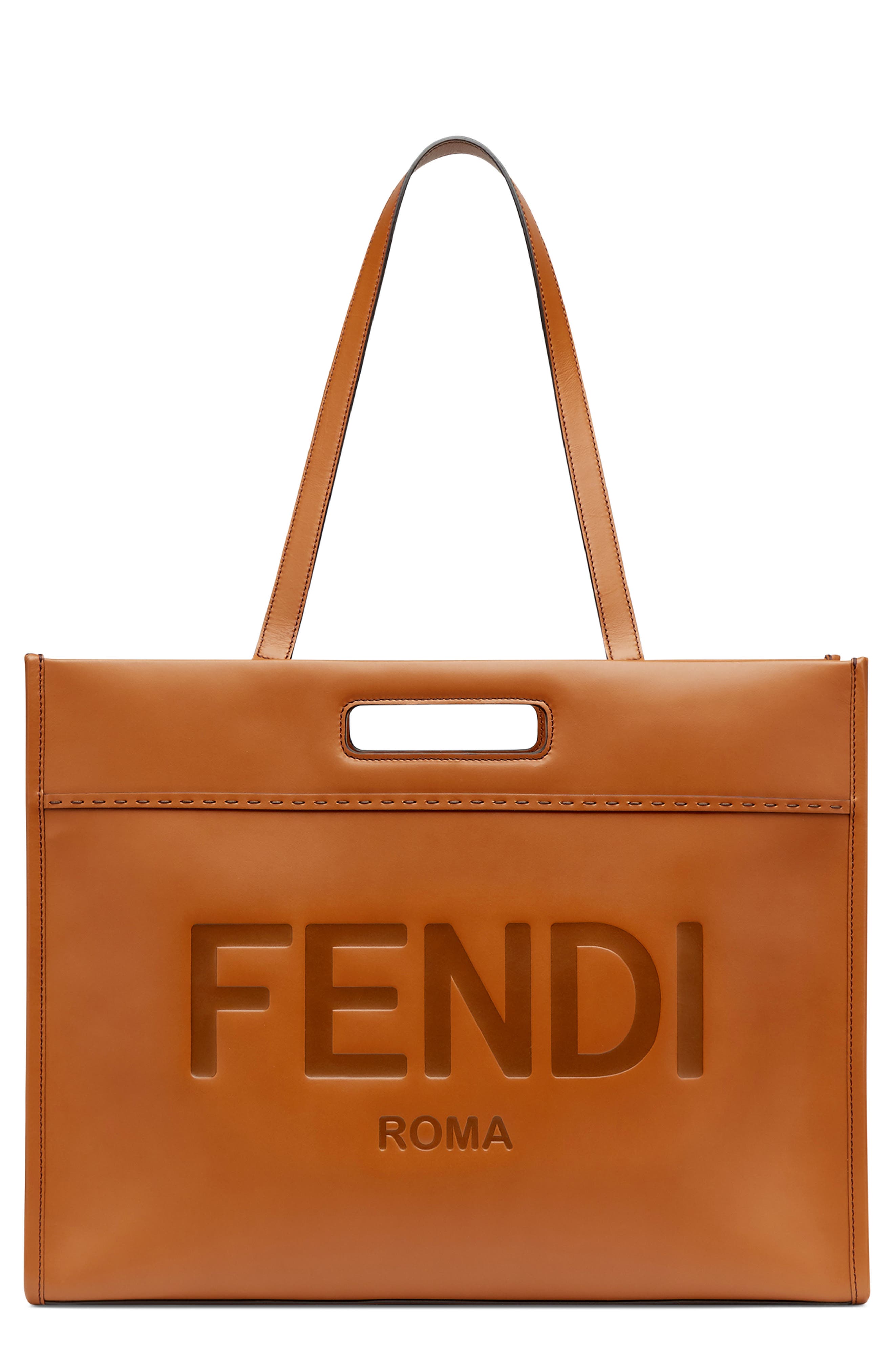 Fendi Logo Debossed Leather Tote, Main, color, 