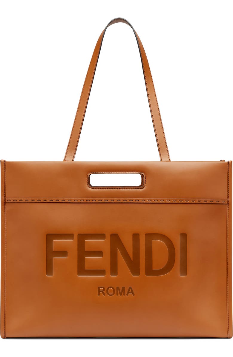 Fendi Logo Debossed Leather Tote, Main, color,