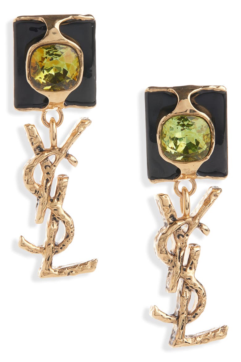 YSL Squared Pendant Drop Earrings, Main, color, 7131 GRN/BLK/PATINATED GOLD