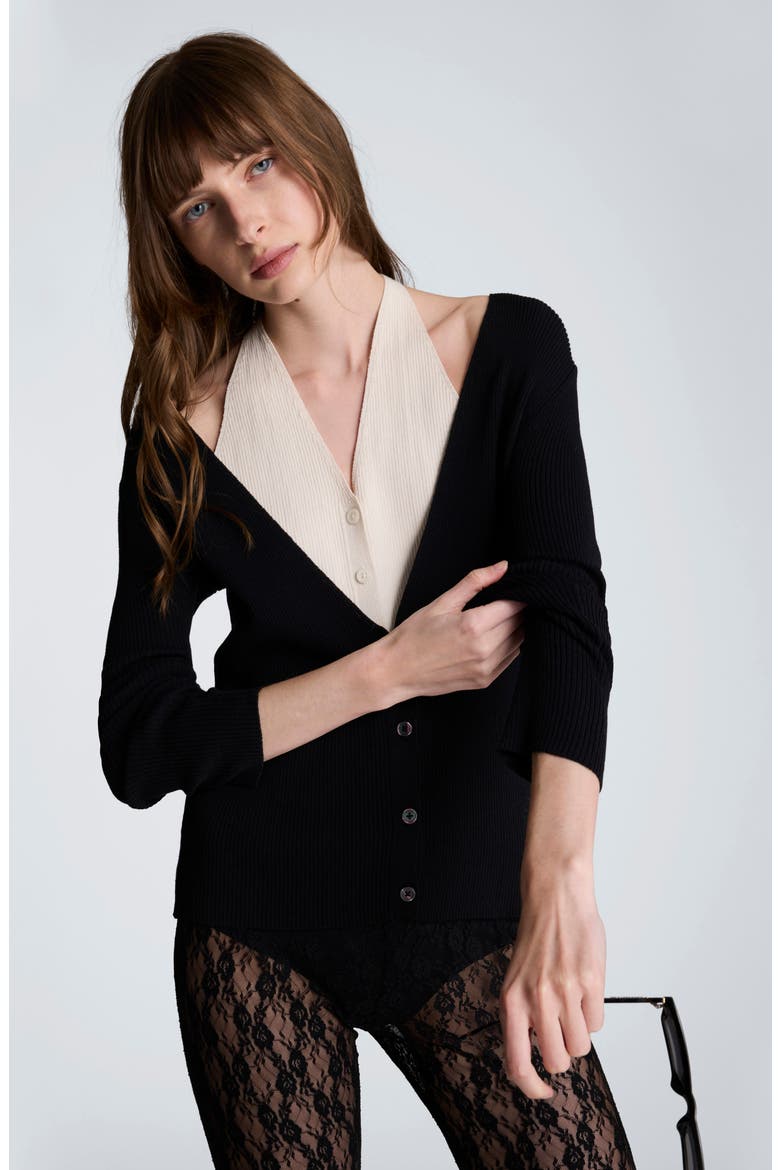 Layered Look Halter Cardigan, Alternate, color, BLACK/ OYSTER