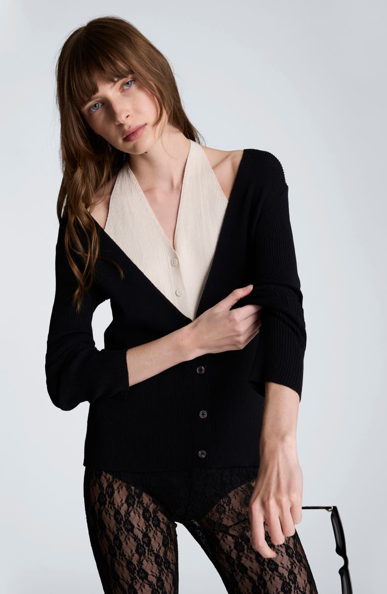 Kenneth Cole Layered Look Halter Cardigan, Alternate, color, Black/ Oyster