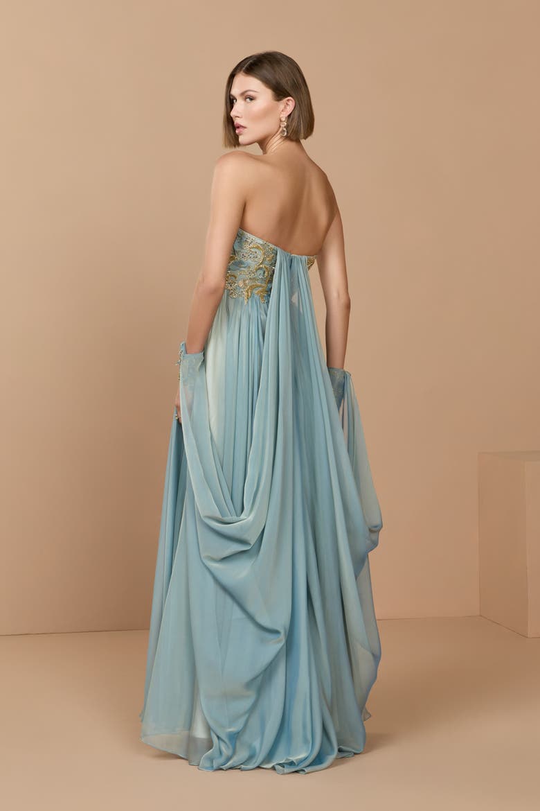 Strapless Floral Embroidered Chiffon Gown, Alternate, color, Seafoam