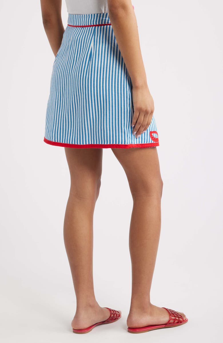 FARM Rio Blue Sky Stripes Floral Appliqué Linen Wrap Miniskirt, Alternate, color, Blue