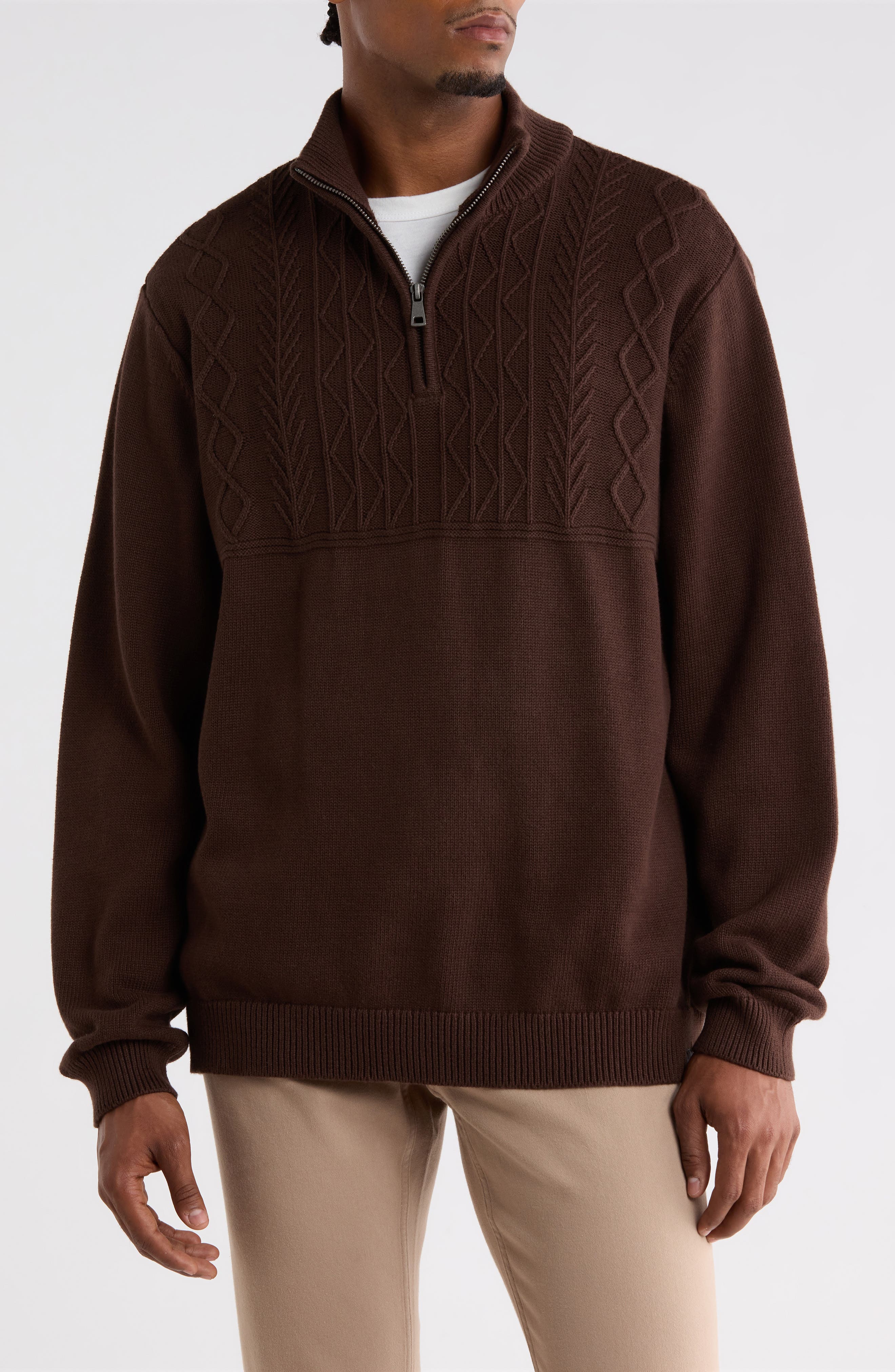 Cable Mock Neck Quarter Zip Sweater
