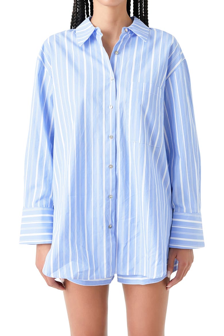 Oversize Stripe Long Sleeve Button-Up Shirt, Alternate, color, BLUE