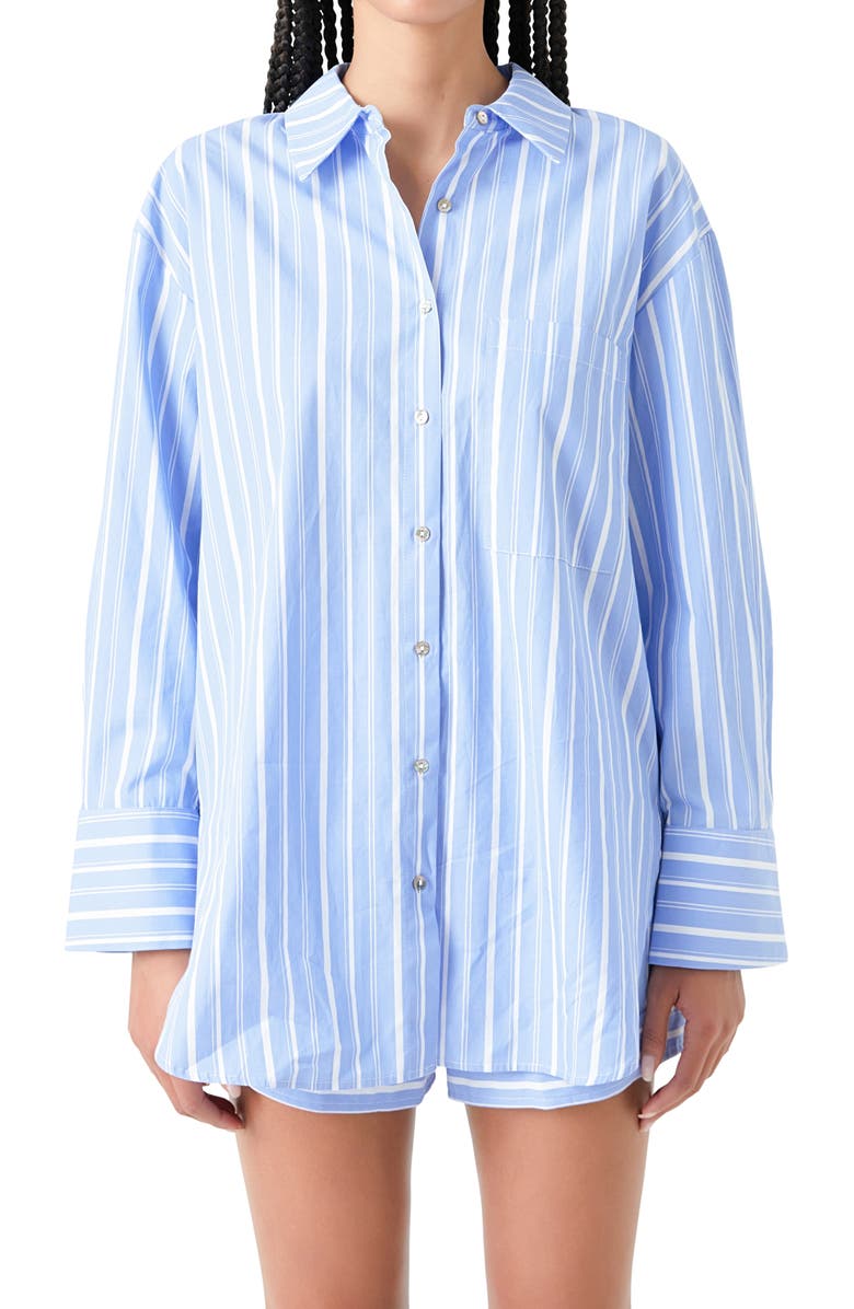 Grey Lab Oversize Stripe Long Sleeve Button-Up Shirt, Alternate, color, Blue