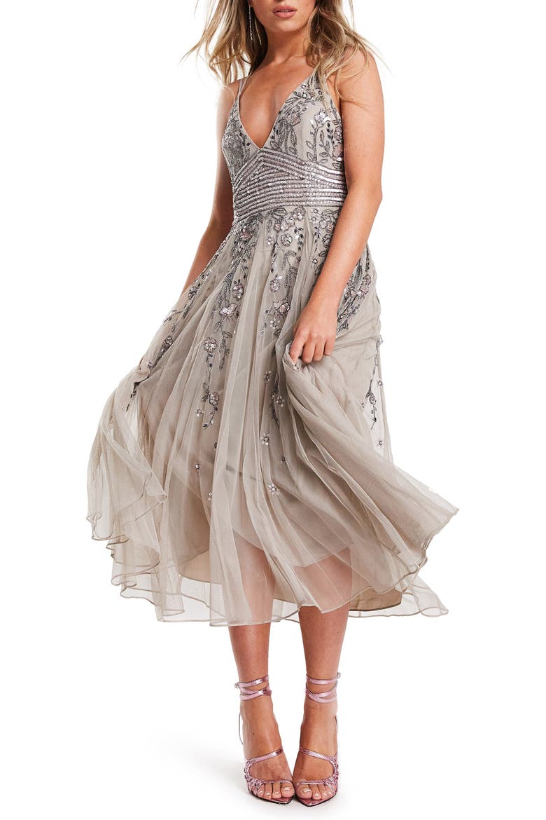 Strappy Floral Embellished Midi Dress, Main, color, SILVER MULTI