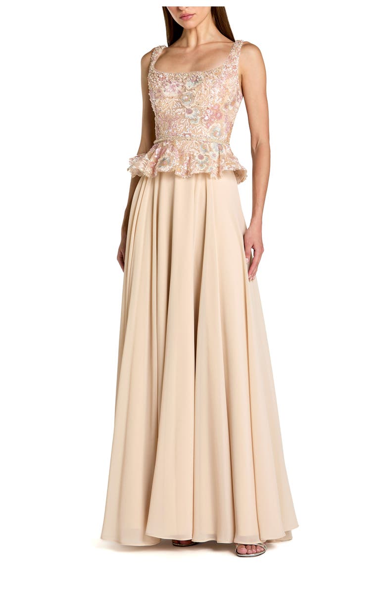 Mac Duggal Women's Embroidered Peplum Top With Chiffon Skirt Gown, Main, color, Champagne
