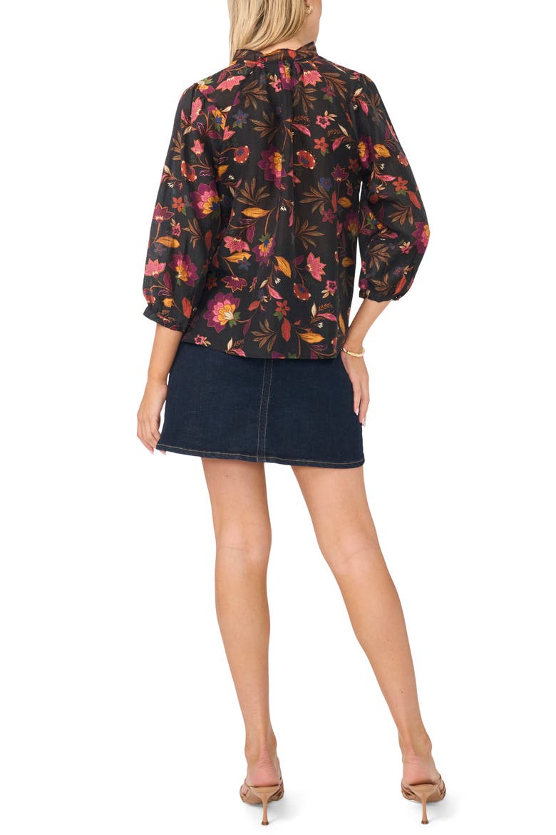 Floral Tie Neck Cotton Top, Alternate, color, RICH BLACK