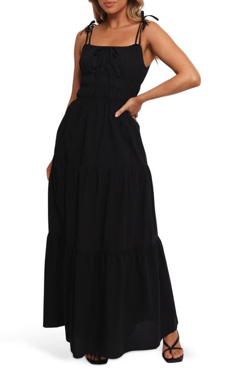 Ione Shirred Tie Strap Maxi Dress